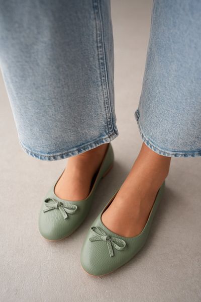 selinshoes Oliva Green Oval Toe Genuine Leather Women's Ballerinas - Bow Detail