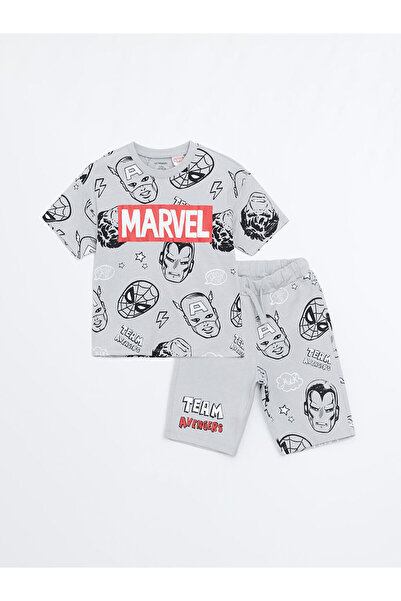 LC Waikiki Gray Marvel Printed Boys' T-Shirt and Shorts 2-Piece Set