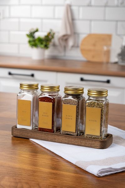 EVLE Set of 4 Glass Spice Racks with Wooden Stand Gold Lid Labeled Spice Rack Set