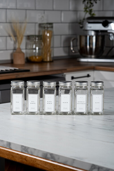 EVLE Set of 6 Glass Spice Jars with Silver Lid and White Label Spice Jar