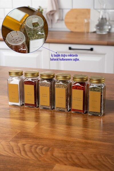 EVLE 6-Piece Spice Set Gold Lidded-Gold Labeled Glass Spice Set