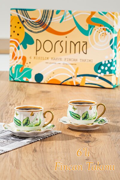 Porsima Zenit Altın Yaldızlı Porselen 6 Kişilik Fincan Seti 12 Parça Türk Kah...