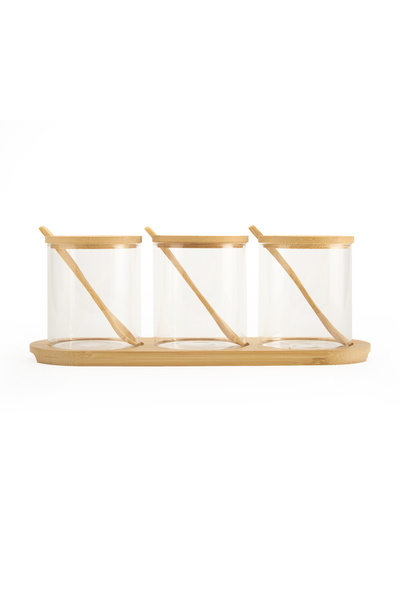 MİEN Mien 3'lü Yuvarlak Cam Baharatlık Seti - Şeffaf / Açık Kahverengi