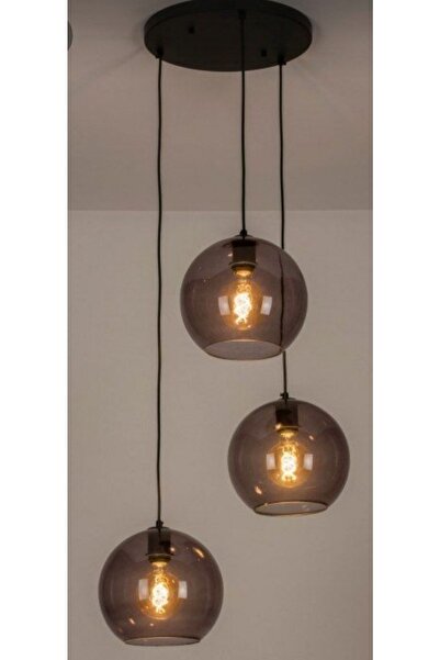 habek avize Sarkıt Üçlü Füme Cam Rustik Vintage Modern Salon Avize