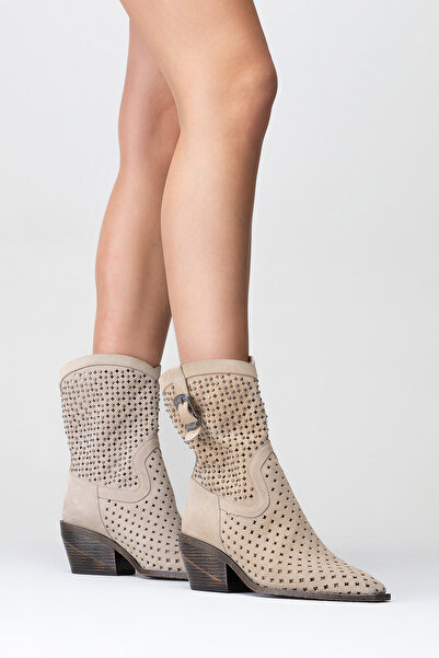 Zeynep Sıradağlı Γυναικείες μπότες Western από γνήσιο δέρμα μπεζ σουέντ Alkadra