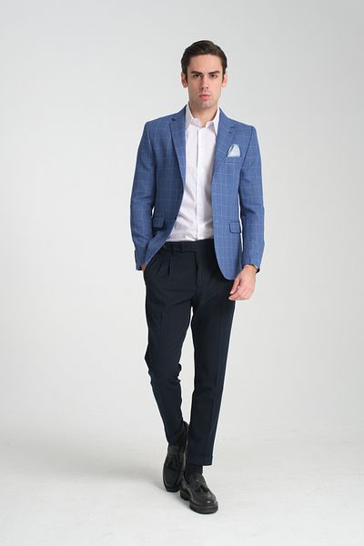 Frappoli Ανδρικό αθλητικό μπουφάν Paridee Indigo καρό Battal Plus Size Mono Lapel Slim Fit Blazer