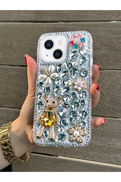 OSG iPhone 15 Uyumlu Ultra Lüx Renkli Damla Taşlı Ayıcık Karikatürlü Özel Tas...
