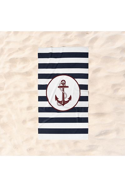 The Lucid Lab Πετσέτα παραλίας Navy Blue Striped Anchor - Microfiber