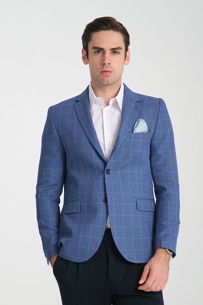 Frappoli Ανδρικό αθλητικό μπουφάν Paridee Indigo καρό Battal Plus Size Mono Lapel Slim Fit Blazer