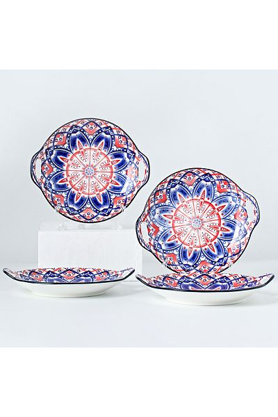 Shuer 4 Pieces Ceramic Hand-painted Under Glaze Color Nordic Style Household 9 Inch Round Double Ear Plate