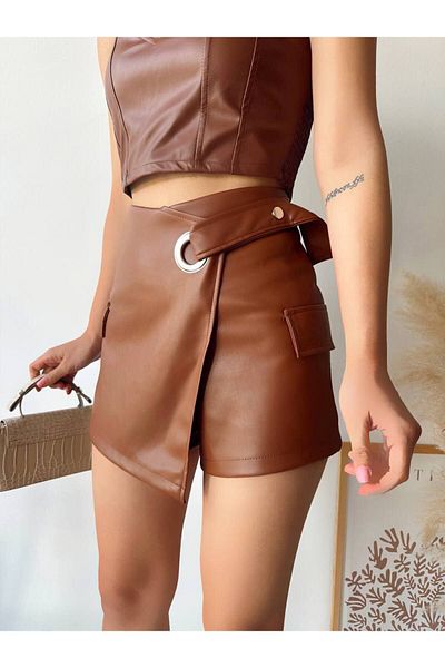 Miss Prova Eyelet Detailed Pocket Leather Shorts Skirt Missşe 240107
