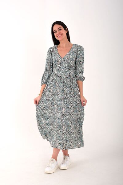 Blues Outlet ROCHIE DE DĂME CU DECOLTEU ÎN V CU IMPRIMARE DE FLORI-VERDE