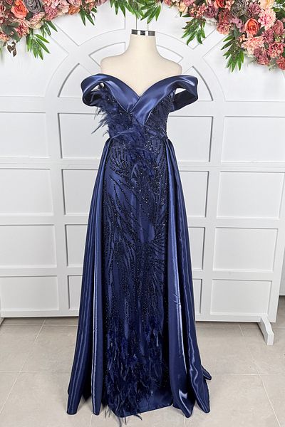 Lenta Moda Navy Blue Feather Lace Covering Lisbon Satin Evening Dress and Evening Dress