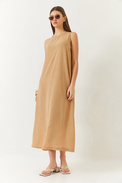 Bianco Lucci Women's Thick Strap Back Button Detailed Summer Linen Dress 353 60261430