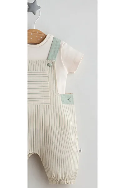 Tongs Baby Baby Boy Summer Salopet Set-Line Detailed Kangaroo Pocket Salopet & Short Sleeve T-Shirt