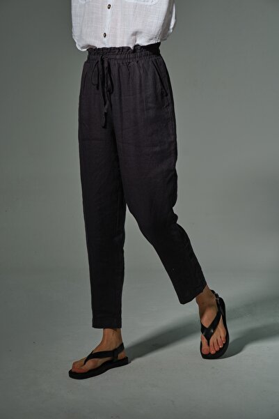 Maule Smoked 100% Genuine Linen Carrot Cut Lace up Elastic Women's Trousers @Valensiya