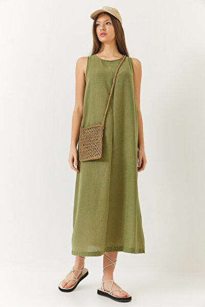 Bianco Lucci Γυναικείο λινό φόρεμα με χοντρό λουράκι με λεπτομέρεια καλοκαιριού 353 60261430