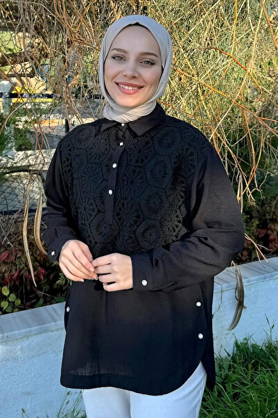 Salih Çelebi 61640 Önü Dantel Detaylı Tunik - SİYAH
