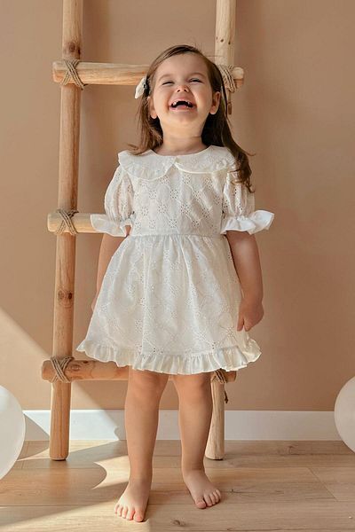 Le Mabelle White Baby Collar Scallop Girls Dress - Greta