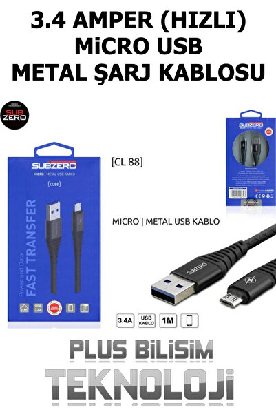 Subzero Micro USB 3.4 Amper Kablo Hızlı (Metal Başlıklı) 1Mt. Şarj ve Data Ka...