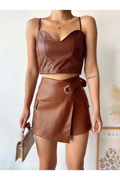 Miss Prova Eyelet Detailed Pocket Leather Shorts Skirt Missşe 240107