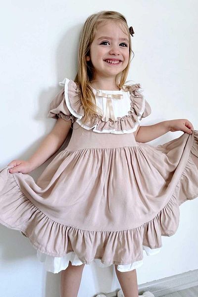 Le Mabelle Beige Vintage Short Sleeve Girls' Dress - Mila