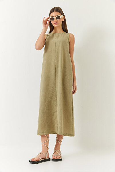 Bianco Lucci Γυναικείο λινό φόρεμα με χοντρό λουράκι με λεπτομέρεια καλοκαιριού 353 60261430