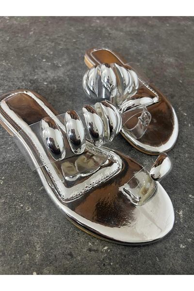 diclepolat Elegra Silver Women's Slippers - Flat Sole, Transparent Flip Flops with Rhinestones