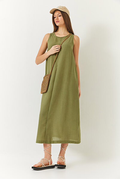 Bianco Lucci Γυναικείο λινό φόρεμα με χοντρό λουράκι με λεπτομέρεια καλοκαιριού 353 60261430