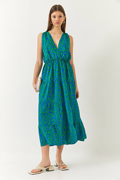 Bianco Lucci Women's Double Breasted Neckline Elastic Waist Back Rope Tie Print Dress 60261428