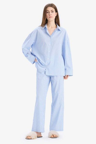 DeFacto Noul sezon Fall in Love Pantaloni de pijama din popelin lungi cu dungi