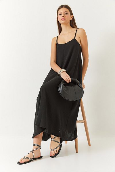 Bianco Lucci Langes Leinenkleid für Damen mit dünnen Trägern 355 60261439