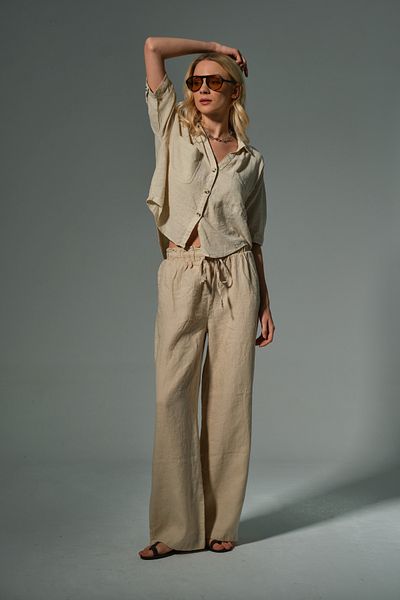 Maule 100% Linen Wide Leg Loose Fitting Lace up Elastic Women's Trousers @Leon