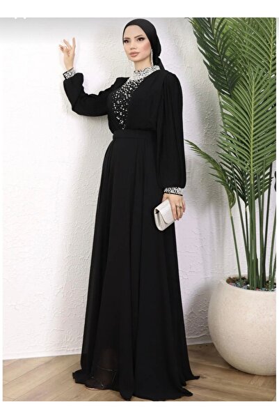 GÜZELLER Kol Ucu Ve Göğsü İnci İşlemeli Kolları Piliseli Şifon Abiye Elbise