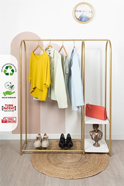 Fec Reklam 3 Raflı Metal Ayaklı Askılık Raflı Ayaklı Elbise Askılığı Konfeksiyon Askılığı Sunta Raflı