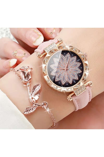 stainless steell VİP pembe renk suni deri kayışlı taç yaprağı kadranlı saat bileklik set