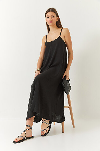 Bianco Lucci Dámské dlouhé plátěné šaty s tenkými ramínky 355 60261439