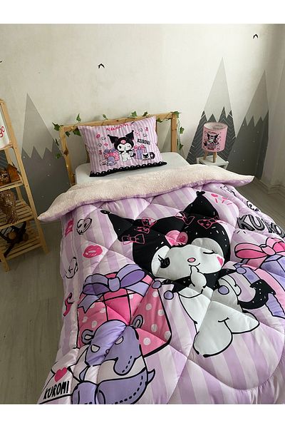 dekomingo Plush Black Pink Striped Kuromi Baby and Children's Room Quilted Quilt