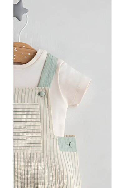 Tongs Baby Baby Boy Summer Salopet Set-Line Detailed Kangaroo Pocket Salopet & Short Sleeve T-Shirt