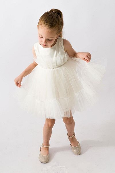 Le Mabelle Ecru Sleeves Tulle Detailed Stoned Short Girls' Dress - Bonnie