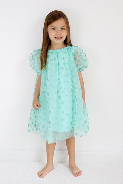 Le Mabelle Mint Star Printed Watermelon Sleeve Girls' Dress - Mandy