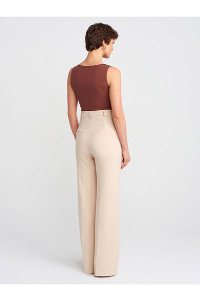 Dilvin 71610 Wide Leg Fabric Trousers-Ecru