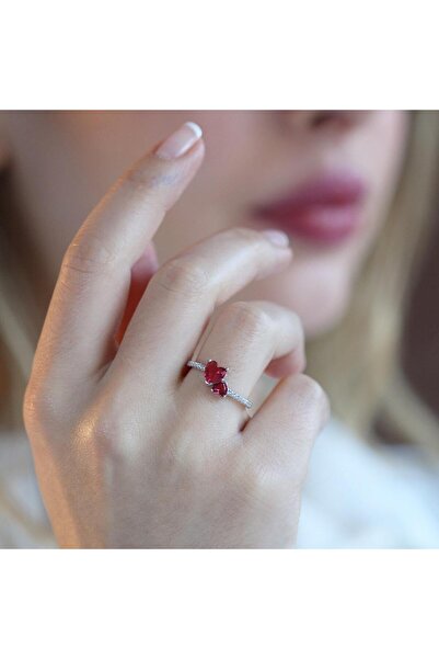 Necati Gün Pndr İki Kalp Kırmızı Zirkon Taşlı Gümüş Yüzük