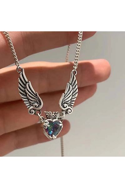 Choice 02 Necklace Vintage Gothic Heart Crown Angel Wings Pendant Necklace Earrings For Women Romantic Deli