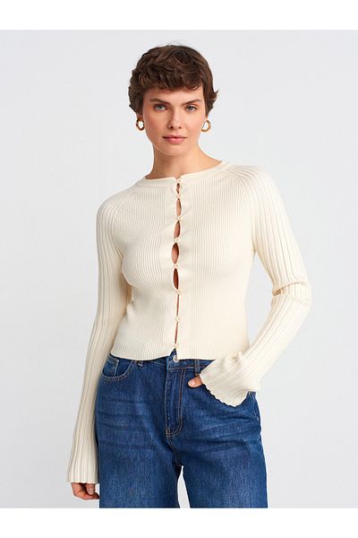 Dilvin 60967 Crew Neck Ribbed Button Thin Knitwear Cardigan-Cream