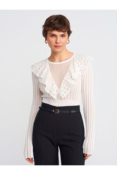 Dilvin 10717 Crew Neck Lace Ruffle Knitwear Sweater-Ecru