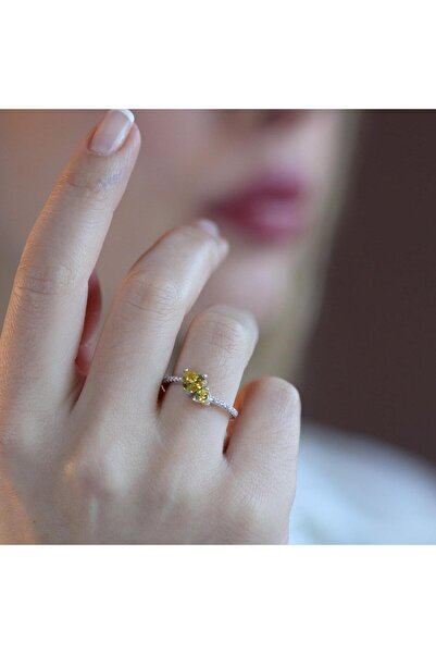 Necati Gün Pndr İki Kalp Sitrin Taşlı Gümüş Yüzük