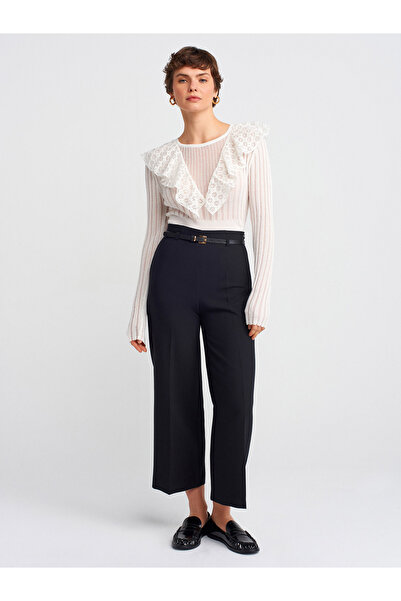 Dilvin 10717 Crew Neck Lace Ruffle Knitwear Sweater-Ecru