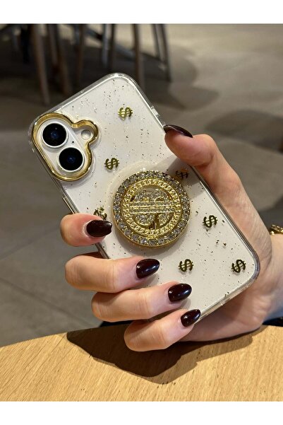 Paladyum Case iPhone 16 Uyumlu Dolar Figürlü Taşlı Simli Şeffaf Kılıf