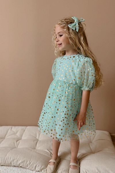 Le Mabelle Mint Short Sleeve Star Printed Girl's Dress - Bella